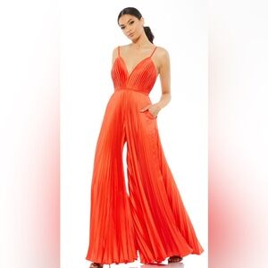 Mac Duggal Pleated Plunge Neck Wide Leg Jumpsuit in Tangerine Size 2 NWT